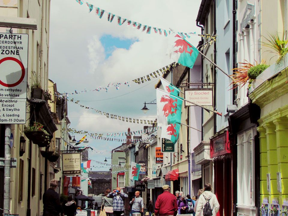 street with Welsh bunting