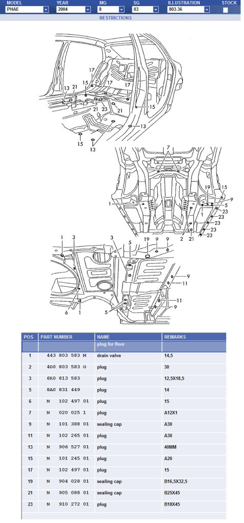 volkswagen parts diagram. side of the parts list in