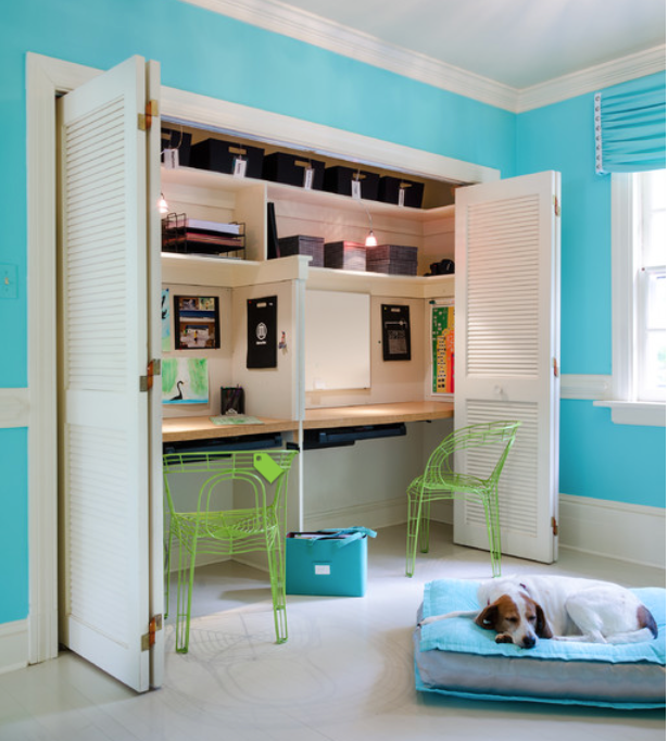 Creative workspace ideas: Create a recessed desk in a closet, via Kathy Corbut Interiors