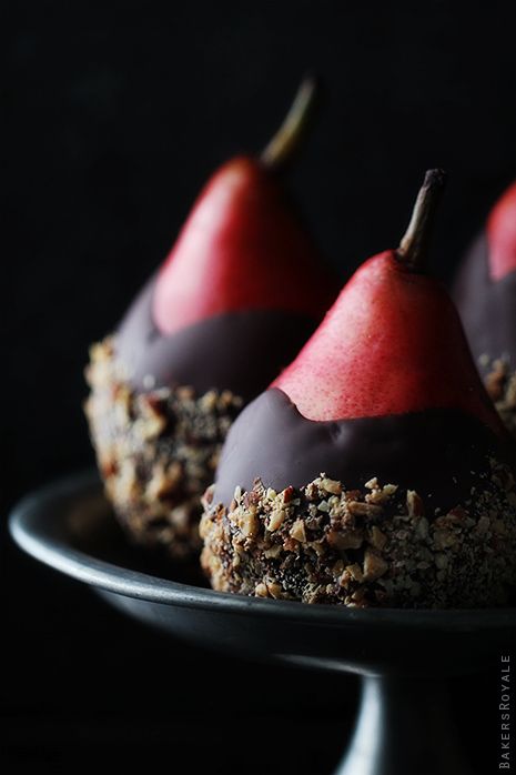 Easy pear dessert recipes: Chocolate Dipped Pears with Almond Crunch at Bakers Royale
