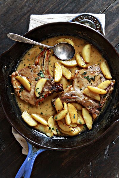Savory apple recipes for dinner: Apple Cider Sage Pork Chops with Caramelized Apples from Good Life Eats