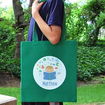 Library tote bags for kids: Sarah and Abraham library tote in green
