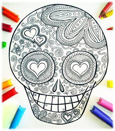 Sugar skull coloring pages printable PDF by Thaneeya for Dia de los Muertos