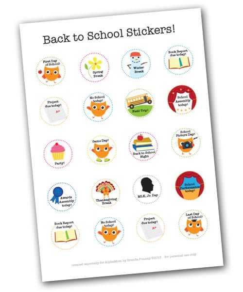 Back to school printables: free calendar date stickers at Alpha Mom
