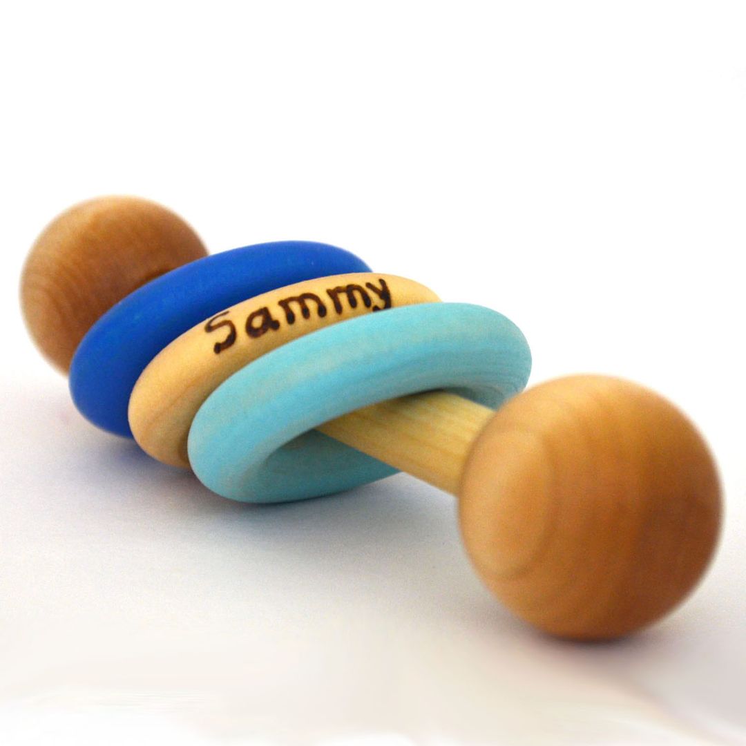 Cool Gifts for Baby's First Hanukkah: personalized wooden baby rattle
