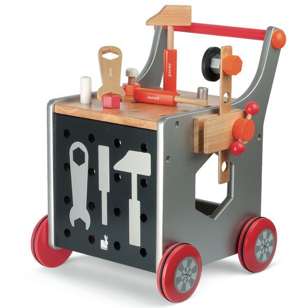 Gifts of preschool toys for pretend play: wooden workbench cart