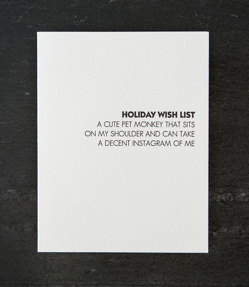 Geeky Holiday Cards: Holiday Wish List letterpress cards based on Brian Graeber's funny Twitter feed