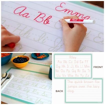 Educational activities for kids stuck indoors: Learning cursive with Sarah + Abraham placemats