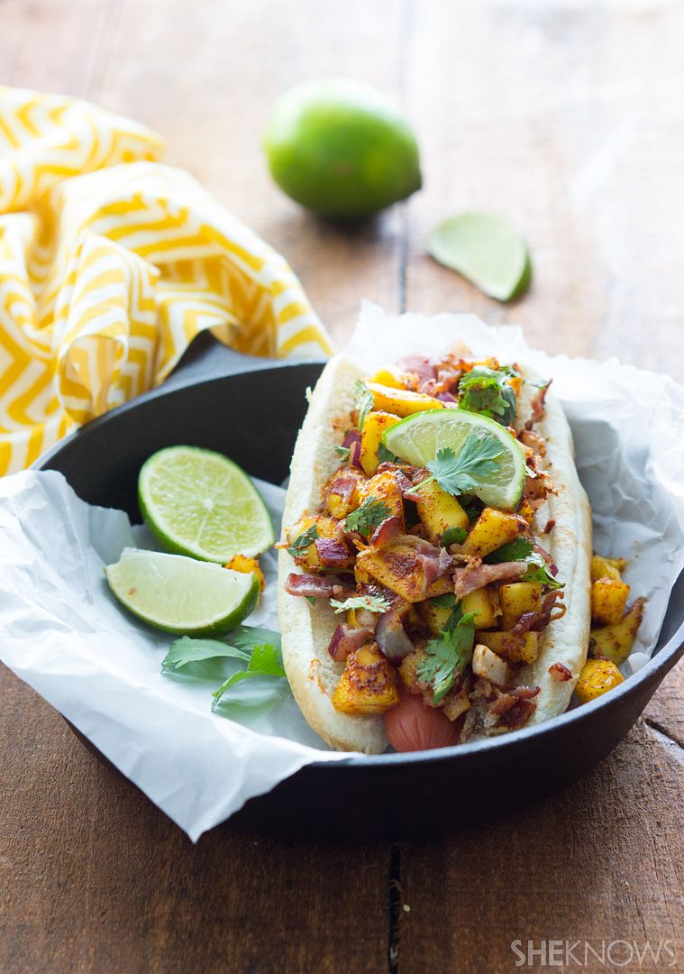 Mango Bacon Salsa Covered Hot Dog recipe at SheKnows | Cool Mom Picks