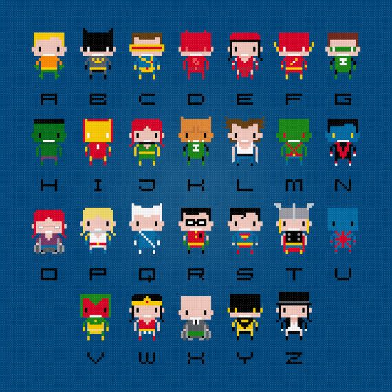 Superheroes geeky cross stitch alphabet - Amazing Cross Stitch on Etsy