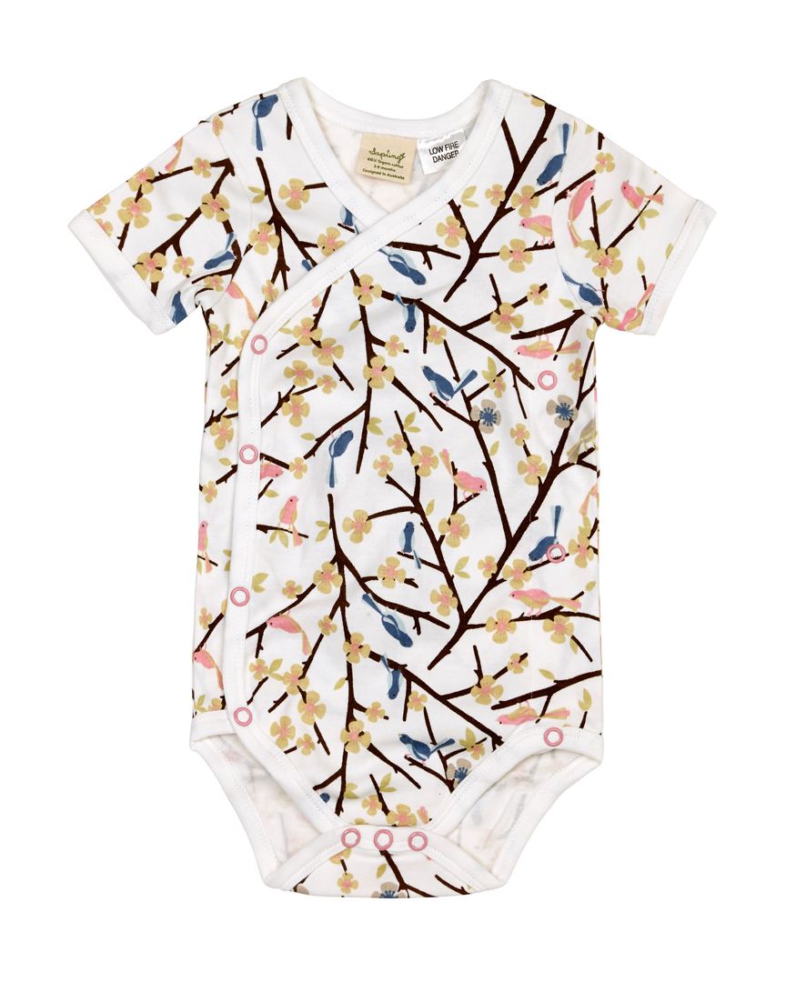 Sapling Child organic baby clothes: bird in tree kimono bodysuit