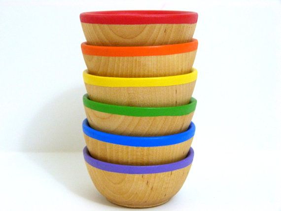 Handmade wooden learning toys: Almost Crunchy rainbow sorting bowls on Etsy | Cool Mom Picks