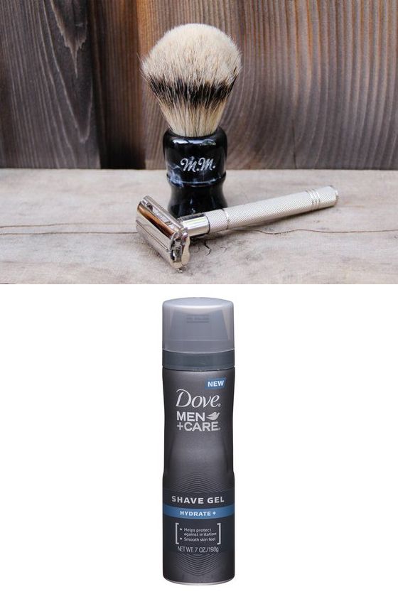 Gifts for a stylish dad: personalized shaving set and Dove Men+Care shave gel 