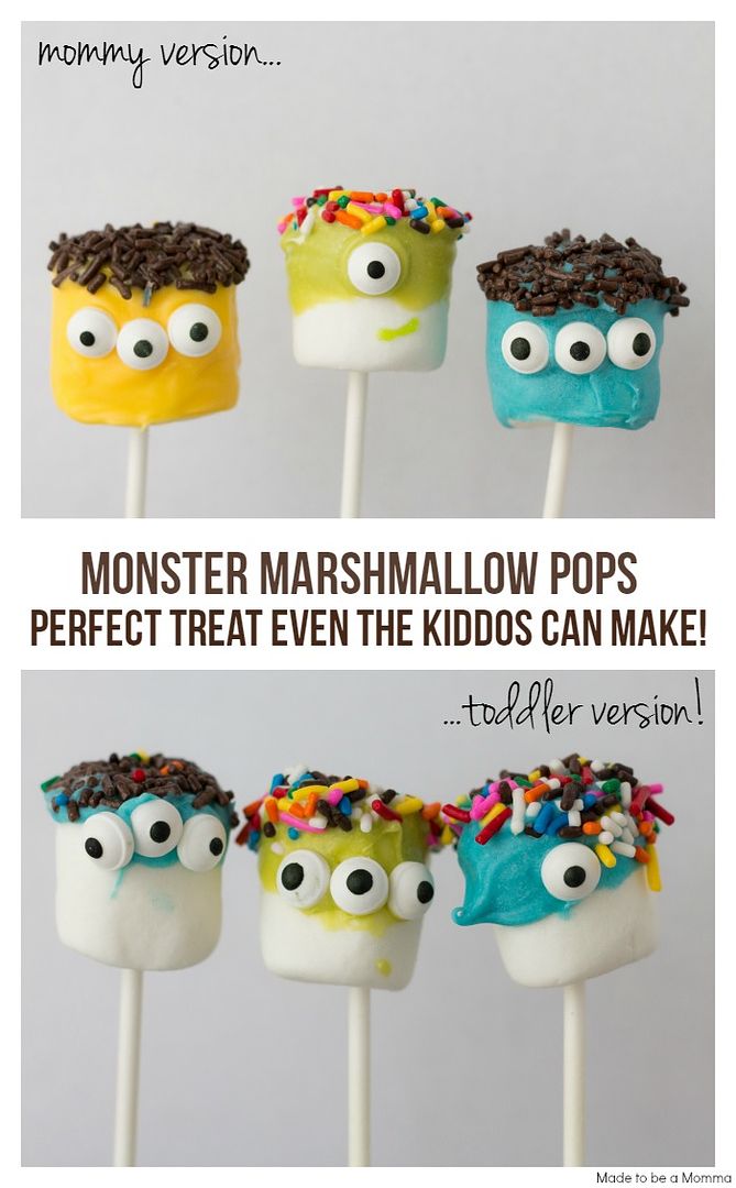 Easy Halloween party recipes: Monster Marshmallow Pops at Made To Be a Momma