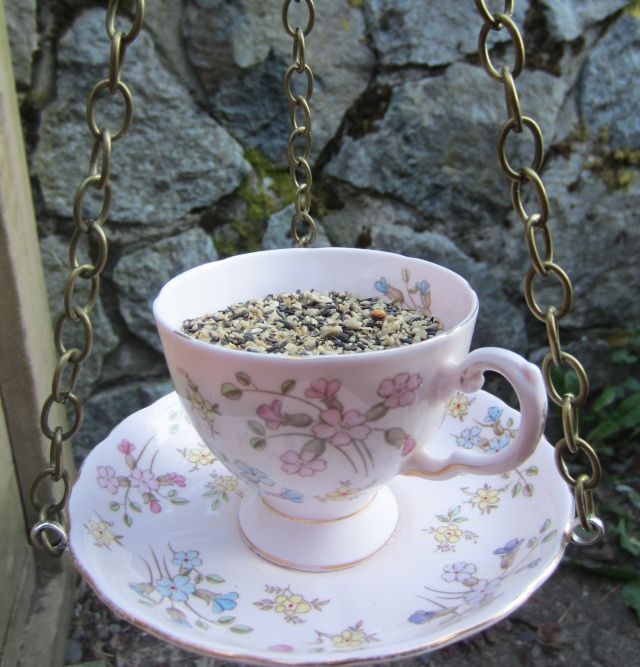 Hanging tea cup bird feeder on Busted Button
