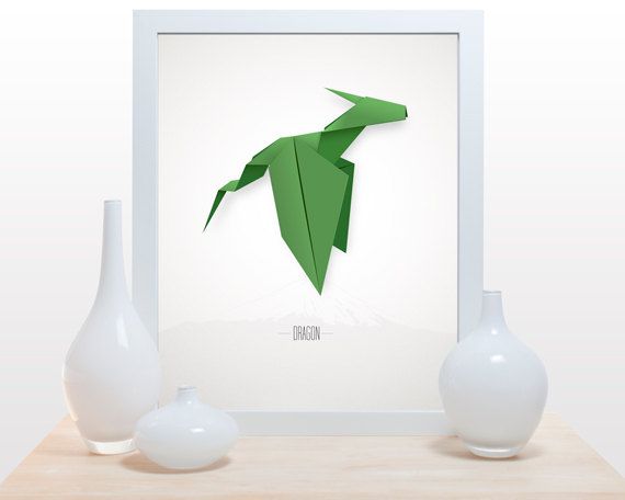 Origami art prints: green dragon print at Noodlehug