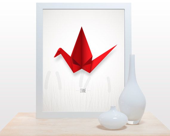 Origami art prints: red crane at Noodlehug