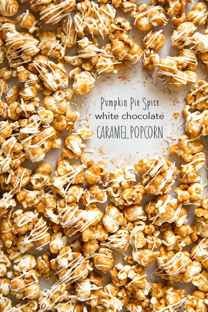 Pumpkin spice recipes: Pumpkin Spice and White Chocolate Caramel Popcorn at Cooking Classy
