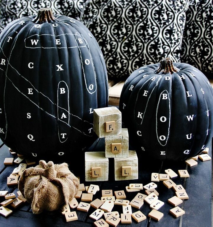 No-carve pumpkin decorating ideas: Word search chalkboard painted pumpkin at Thistlewood Farms