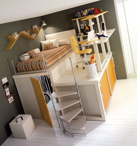 Creative workspace ideas: Elevated bed with the desk up top, at Kidsomnia 