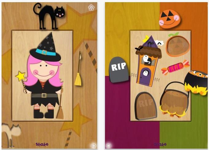 Kids piece together cute puzzles with the Wood Puzzle HD Halloween app for kids 