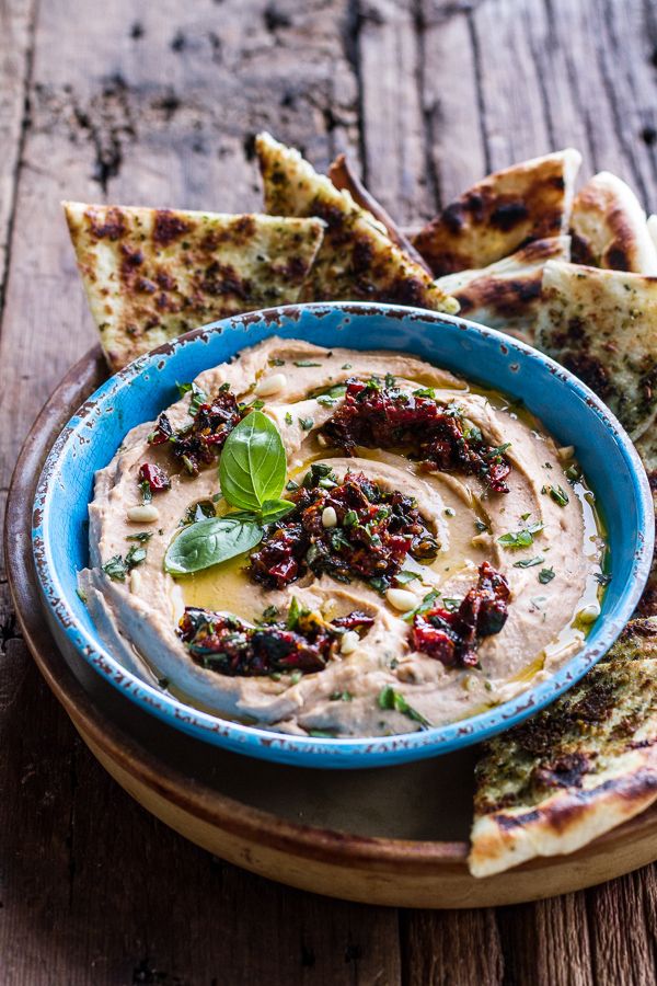 Easy make-ahead appetizers: Cheesy Margarita Pizza Hummus at Half Baked Harvest