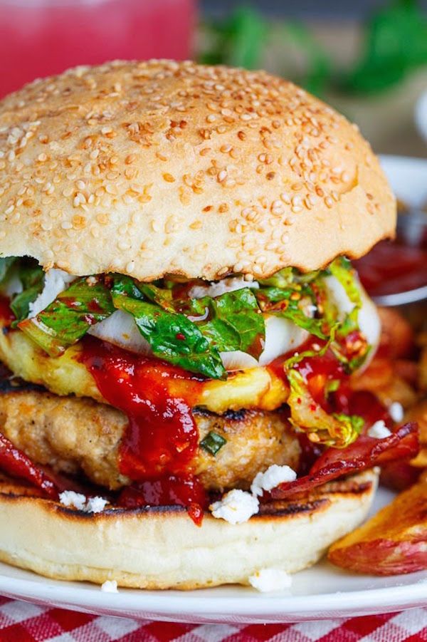 Globally Inspired Burger Recipes | Korean BBQ Chicken Burgers with Grilled Pineapple and Gochujang BBQ Sauce at Closet Cook