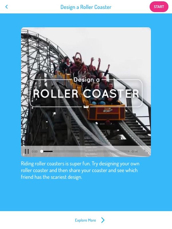 WonderBox app: Watch educational videos, then make your own creations -- like a roller coaster!