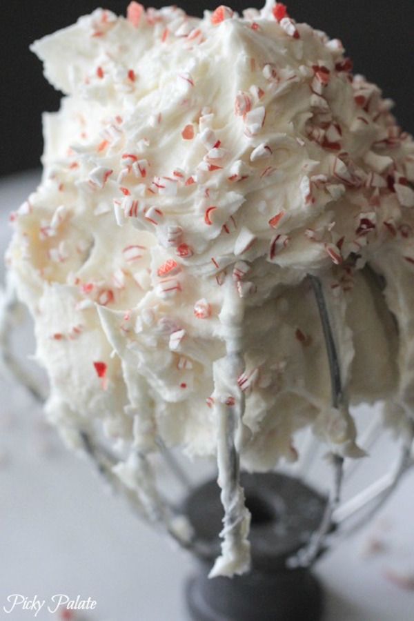 Crush up all those extra or leftover candy canes to make this Peppermint Buttercream Frosting, which is perfect for dressing up store-bought or cake mix treats! | Picky Palate