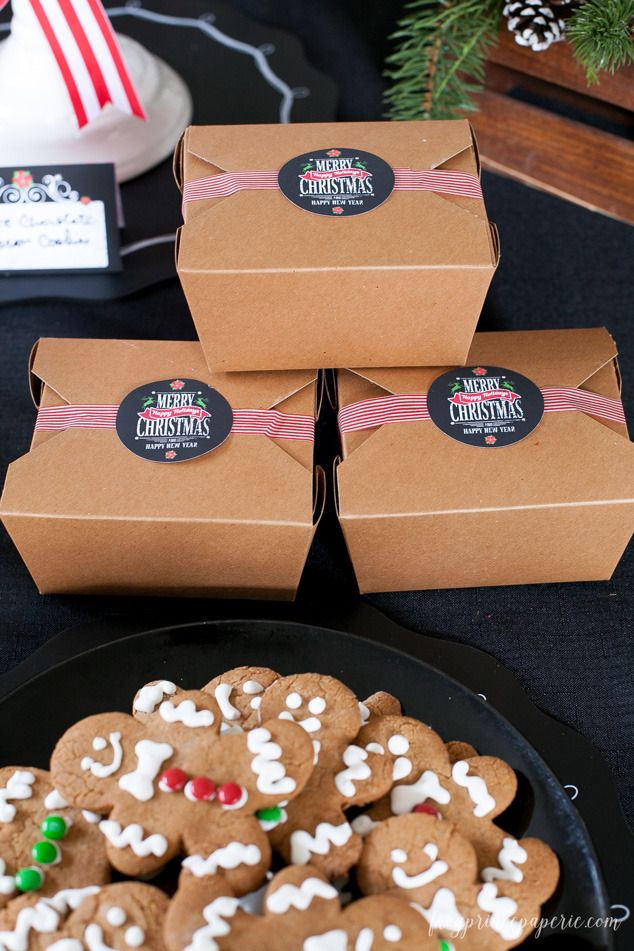 Christmas cookie gifts packed in plain boxes with printable labels from Frog Prince Paperie