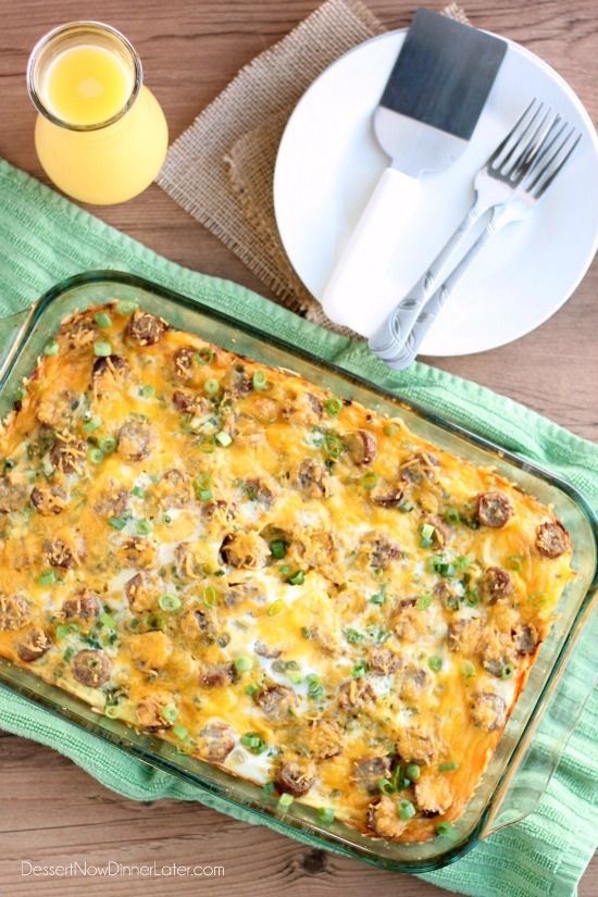 Crowd-pleasing Breakfast Bake layers hash browns, eggs and sausage – a perfect make-ahead holiday breakfast recipe for Christmas morning. | Dessert Now Dinner Later