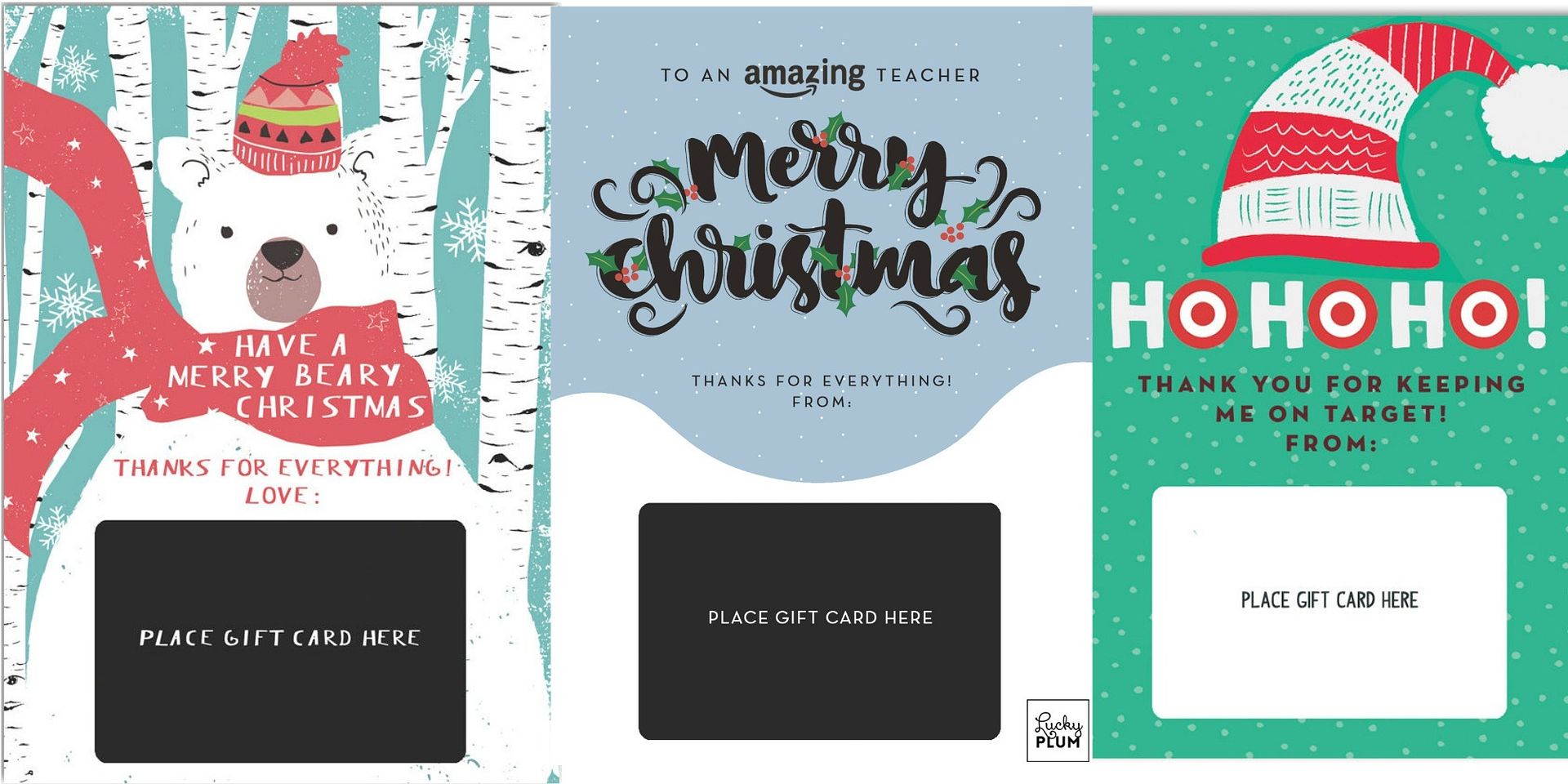 Full page printable gift card holders by Lucky Plum Studio on Etsy from general holiday wishes to specific messages for stores like Target and Starbucks
