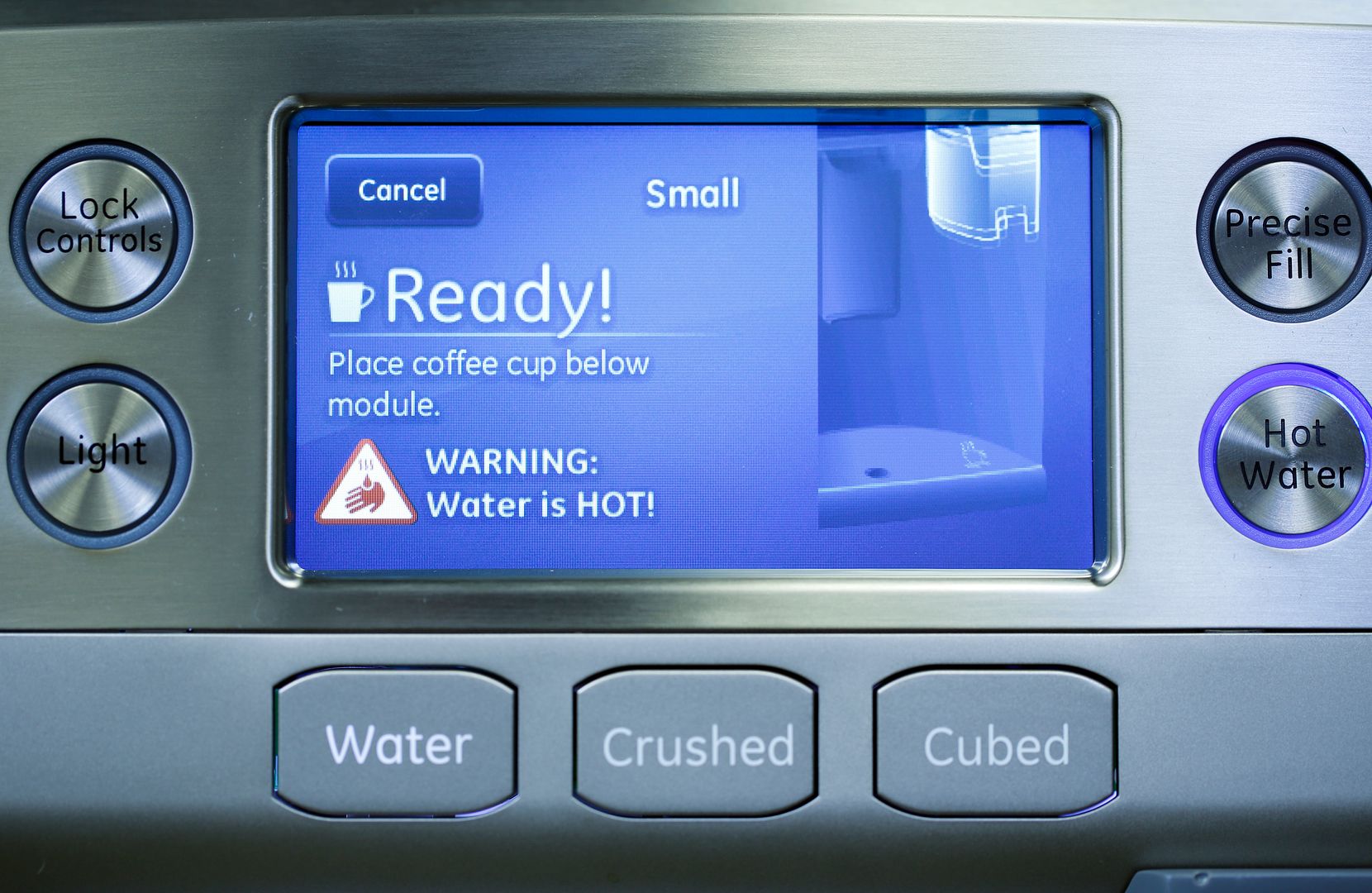 Control panel on the new GE Cafe series refrigerator with a built-in Keurig machine