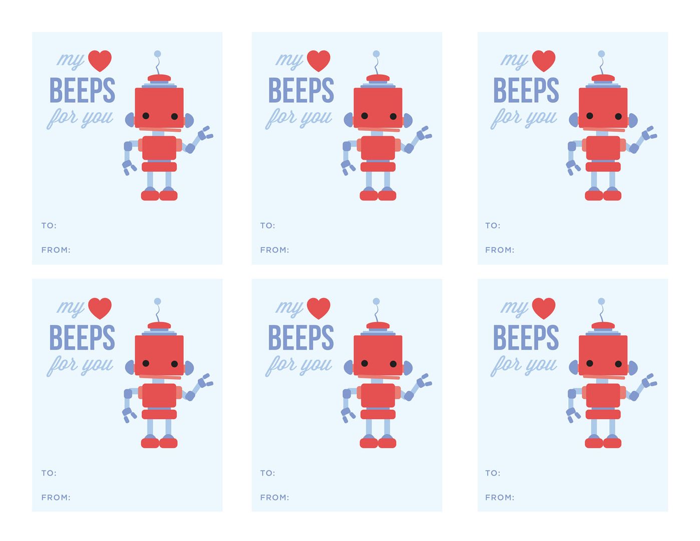 Printable Robot Valentines cards from Touies Design