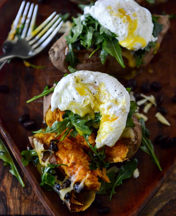 Black Bean Stuffed Sweet Potato recipe with arugula and poached egg | How Sweet It Is