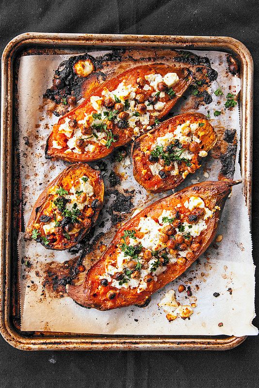 Chevre and Chickpea Stuffed Sweet Potato recipe at Happy Healthy Hunters