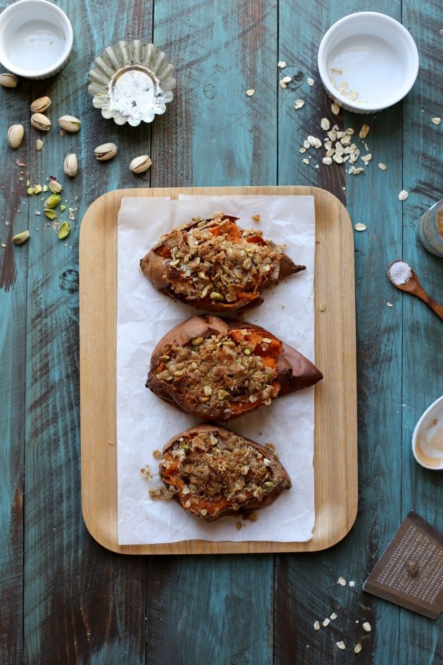 Oat and Pistachio Crumble Stuffed Sweet Potato recipe at Joy the Baker