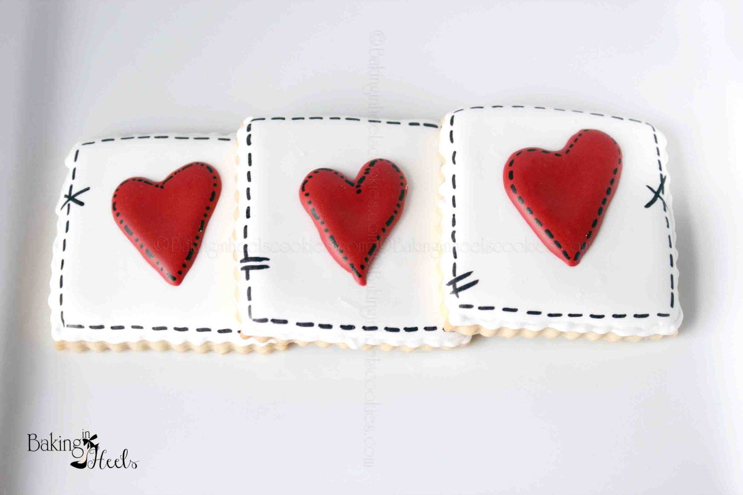 Cool Valentine's cookies: Stitched hearts via Baking in Heels Etsy Shop