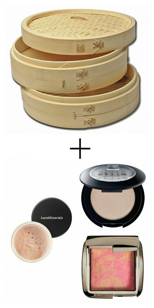 Makeup storage ideas: Bamboo steamer for storing compacts