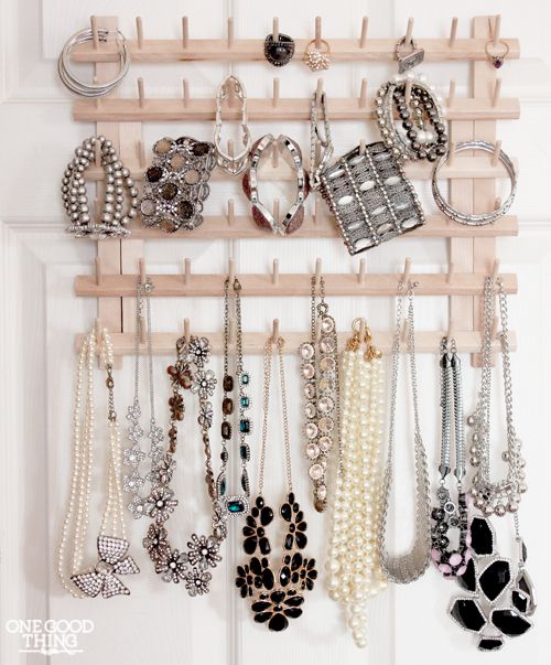 A simple thread organizing rack makes a smart jewelry organizer | via One Good Thing
