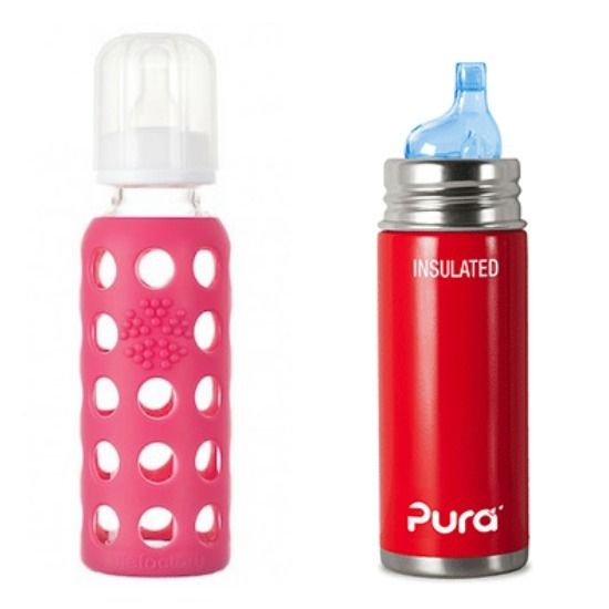 Valentine's gifts for babies: red LifeFactory or Pura baby bottles 