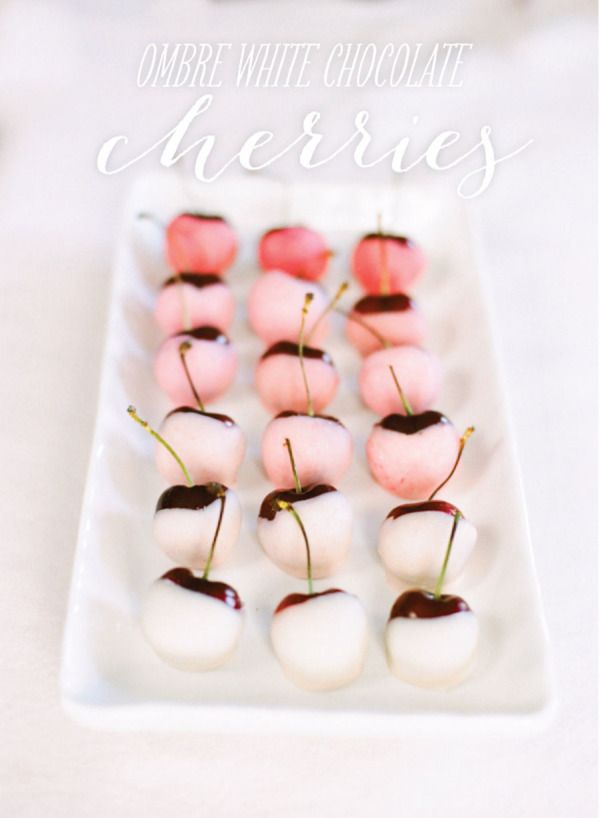 Make chocolate dipped fruit party-ready with this recipe for Ombre Chocolate Dipped Cherries. You can also use regular chocolate. | Style Me Pretty