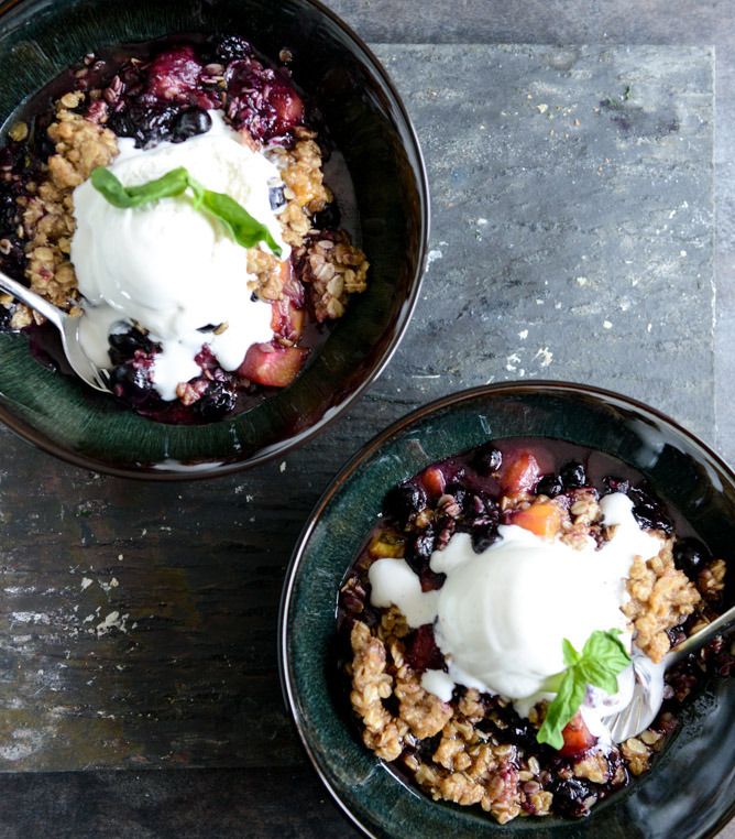 Fruit Desserts: Peach, Blueberry and Basil Crisp at How Sweet It Is