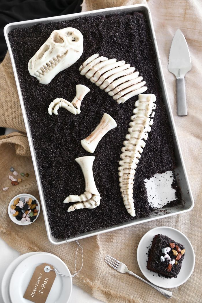 Easy dinosaur birthday party cakes: A dead simple Dino Dig Chocolate Sheet Cake | Sprinkle Bakes