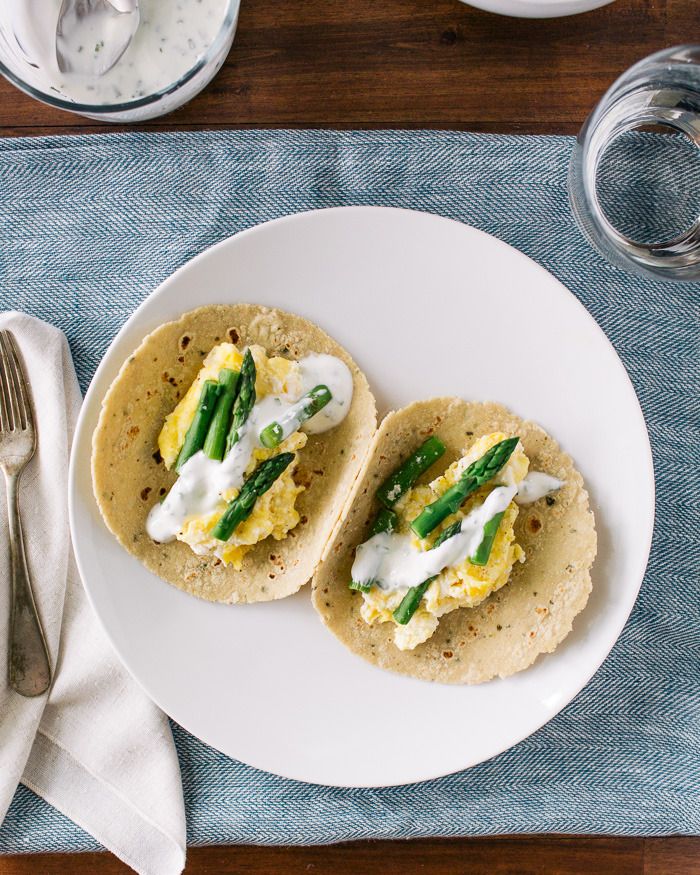 Ricotta Scrambled Eggs and Asparagus Breakfast Tacos recipe from A Couple Cooks