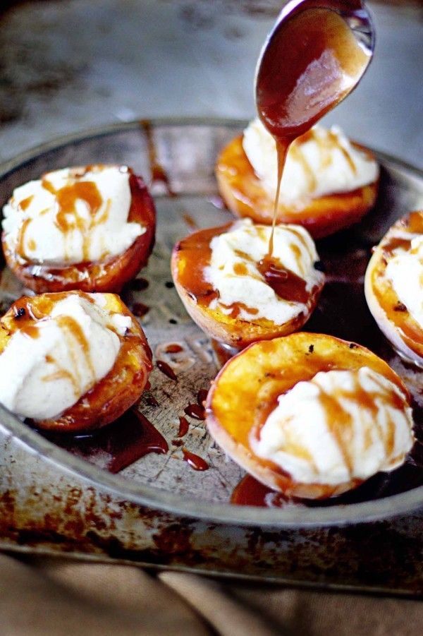 Grilled fruit recipes: Grilled Vanilla Mascarpone Peaches with Bourbon Caramel Sauce | In Sock Monkey Slippers