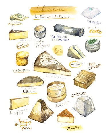 Affordable kitchen art prints: French cheeses | Lucileskitchen at Etsy