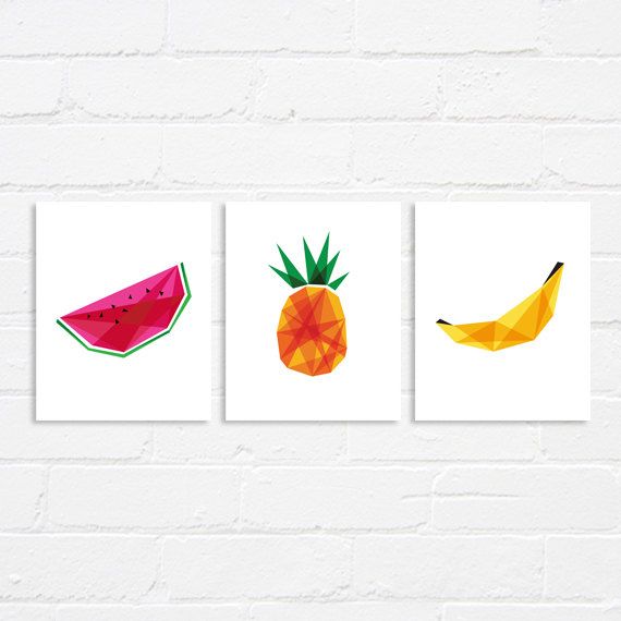 Affordable kitchen art prints: Geometric fruit triptych | WhereisAlex on Etsy