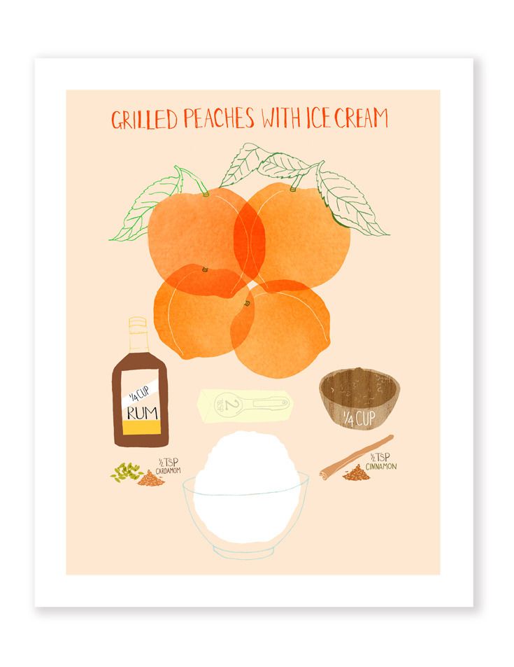 Affordable kitchen art prints: Grilled Peaches poster by illustrator Claudia Pearson