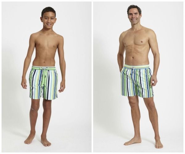 Tom & Teddy blue and green stripe matching swim trunks for dad and son